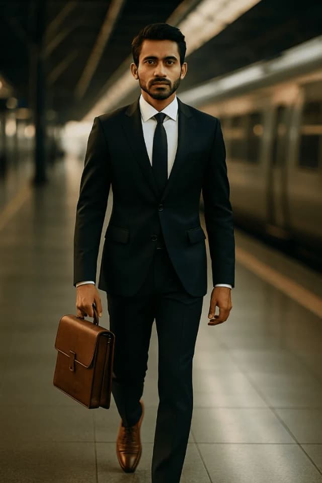 Business AI Prompt – Confident Man in Suit at Station
