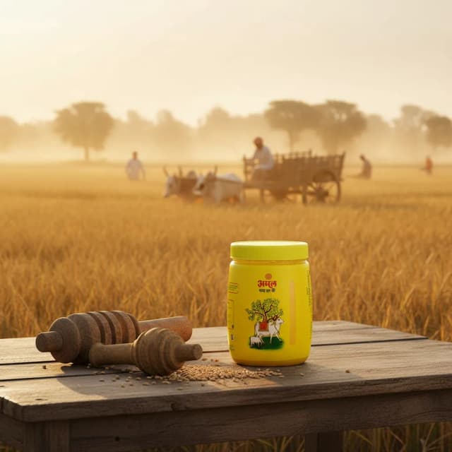 Prompt for Product Photo: Natural Ghee Jar in Village Field